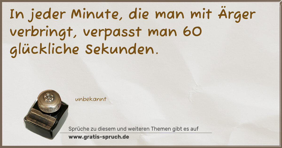 Spruchbild: In jeder Minute, die man mit Ärger verbringt, verpasst man 60 glückliche Sekunden.