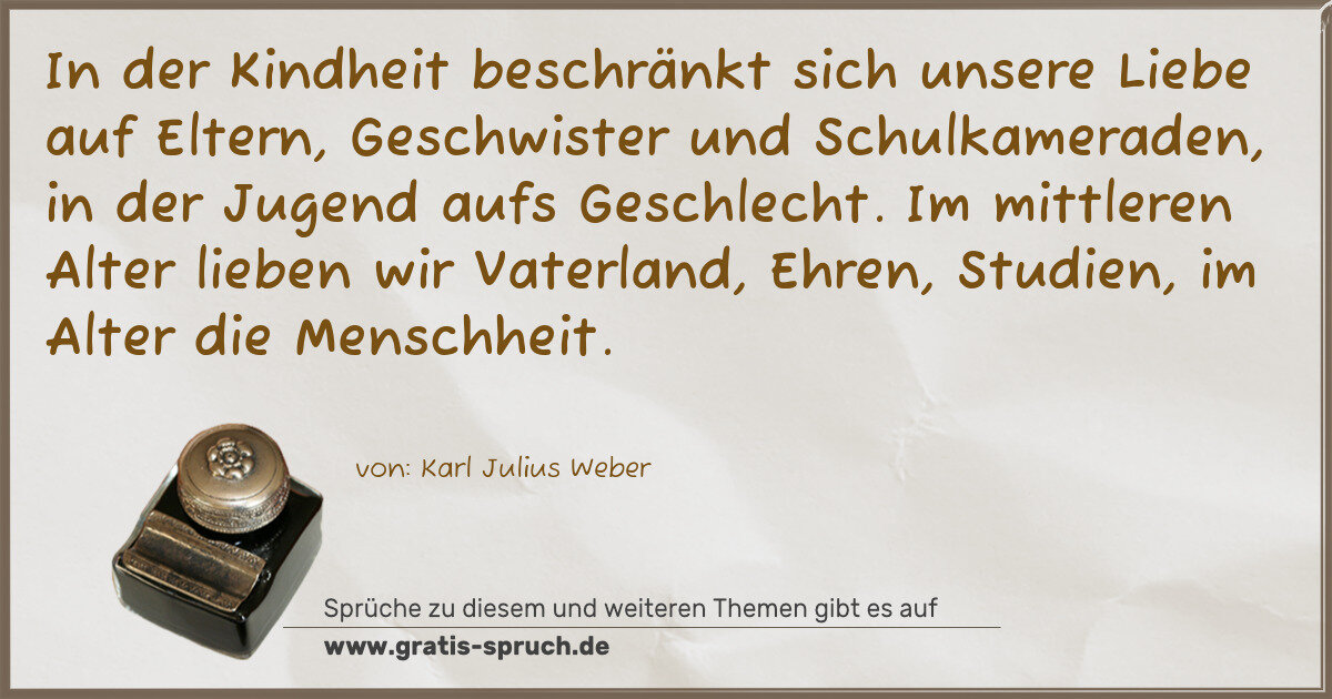 Spruchbild: In der Kindheit beschränkt sich unsere Liebe auf Eltern, Geschwister und Schulkameraden, i …