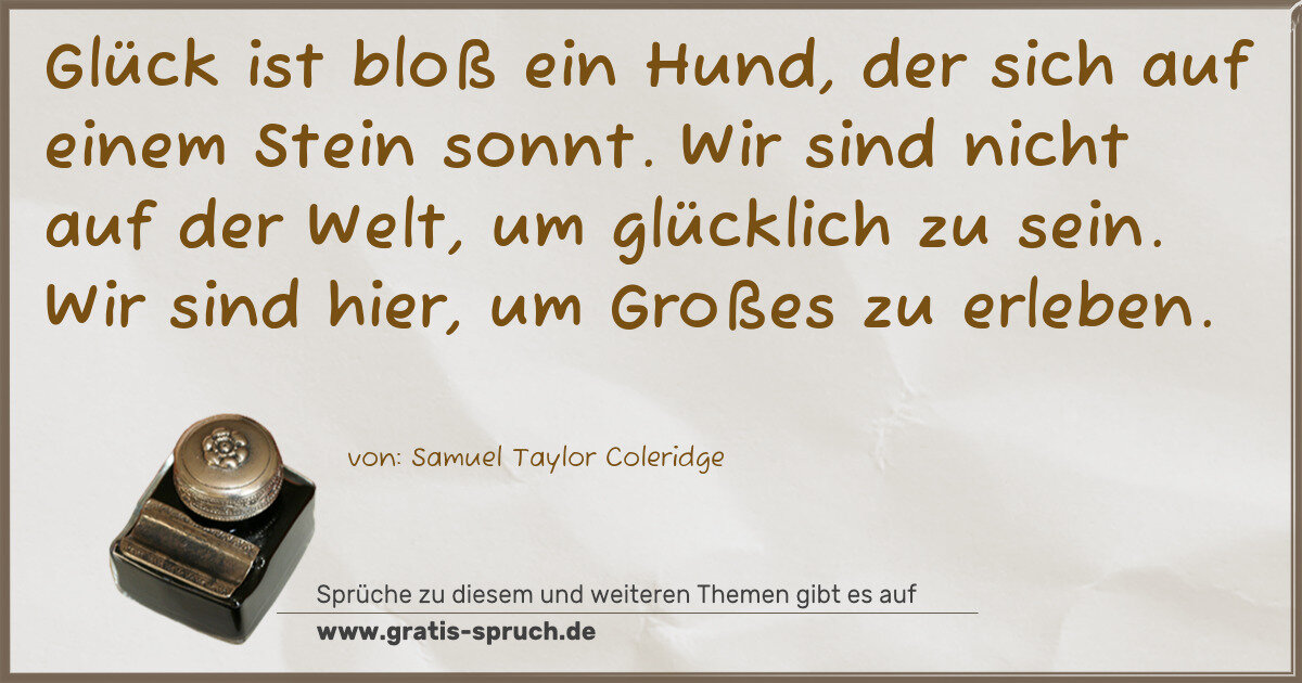 Spruchbild: Glück ist bloß ein Hund, der sich auf einem Stein sonnt. Wir sind nicht auf der Welt, um …