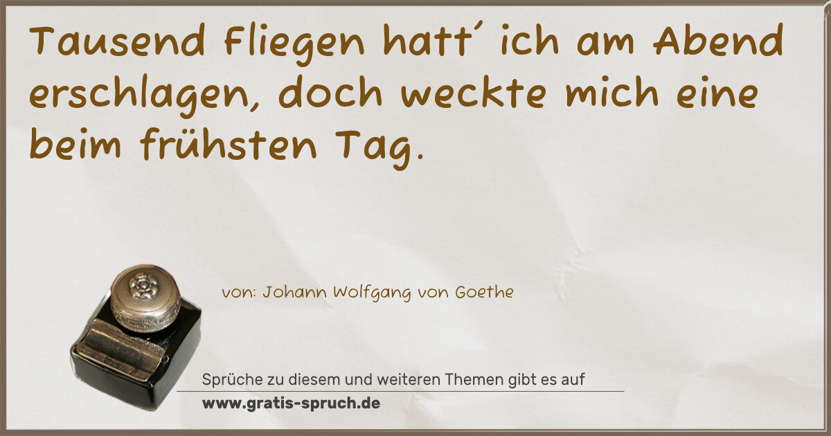 Spruchbild: Tausend Fliegen hatt' ich am Abend erschlagen, doch weckte mich eine beim frühsten Tag.