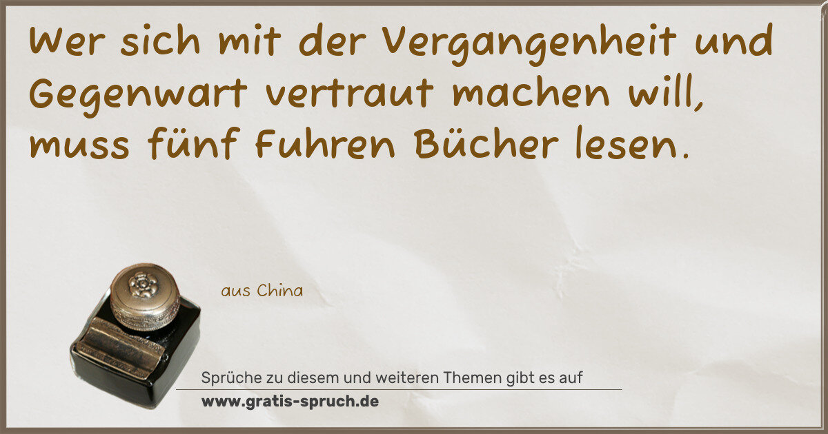 Spruchbild: Wer sich mit der Vergangenheit und Gegenwart vertraut machen will, muss fünf Fuhren Bücher …