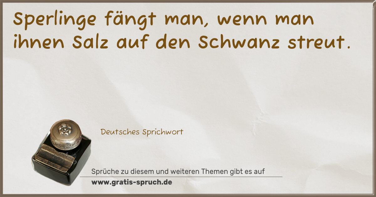 Spruchbild: Sperlinge fängt man, wenn man ihnen Salz auf den Schwanz streut.