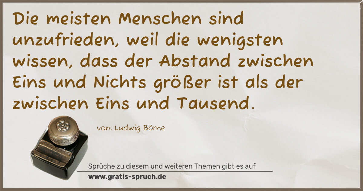 Spruchbild: Die meisten Menschen sind unzufrieden, weil die wenigsten wissen, dass der Abstand zwisch …
