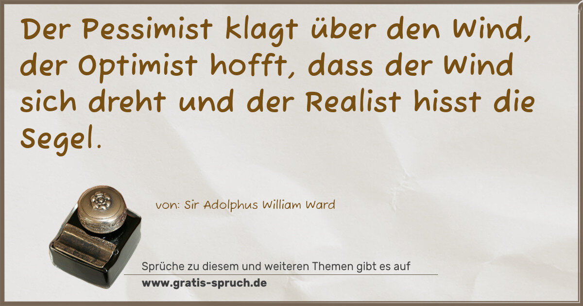 Spruchbild: Der Pessimist klagt über den Wind, der Optimist hofft, dass der Wind sich dreht und der …