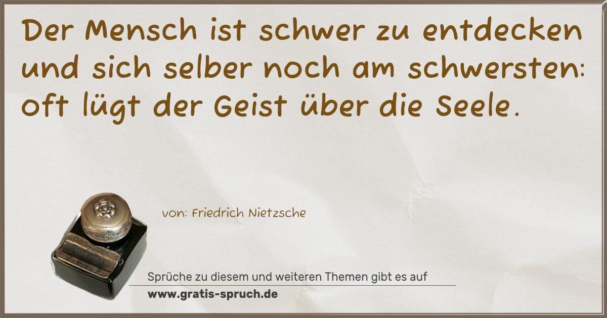 Spruchbild: Der Mensch ist schwer zu entdecken und sich selber noch am schwersten: oft lügt der Geis …