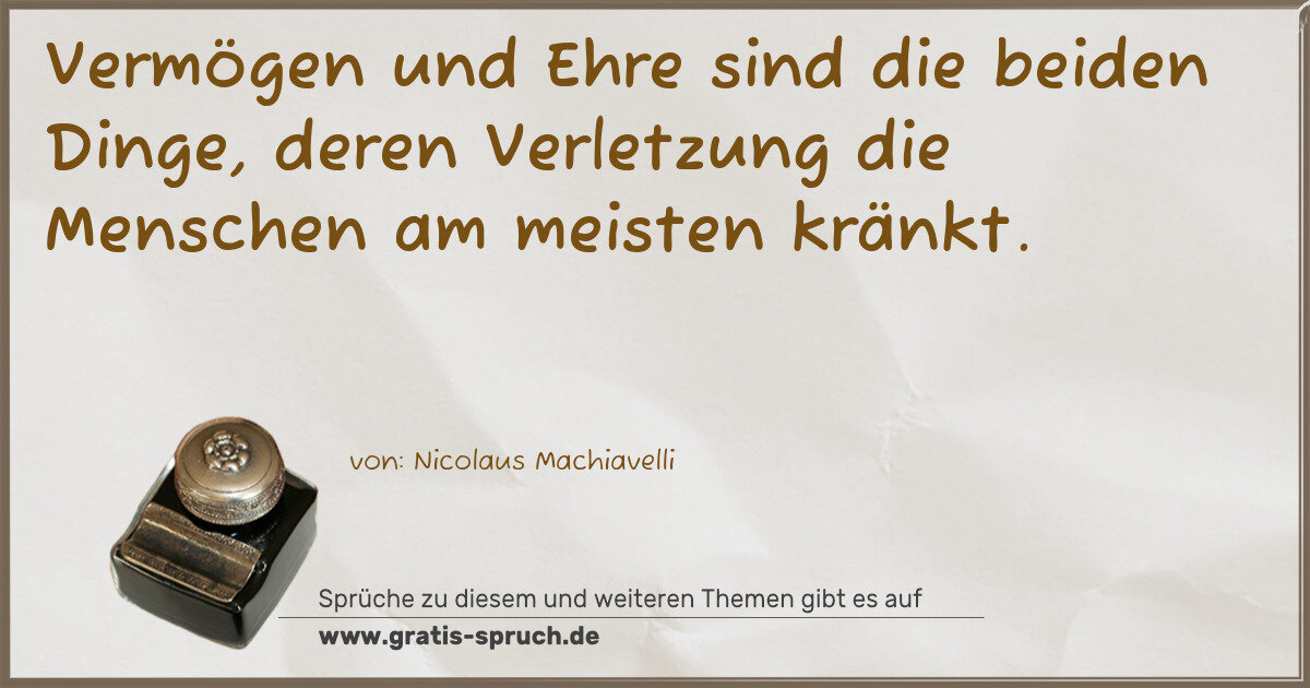 Spruchbild: Vermögen und Ehre sind die beiden Dinge, deren Verletzung die Menschen am meisten kränkt.