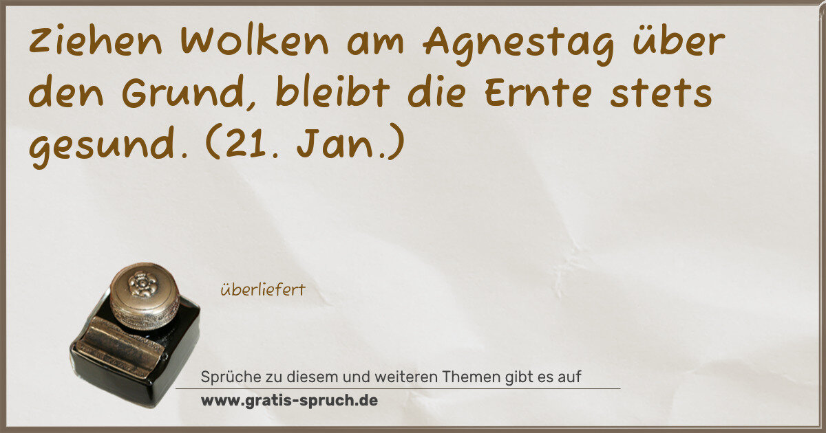 Spruchbild: Ziehen Wolken am Agnestag über den Grund, bleibt die Ernte stets gesund. (21. Jan.)