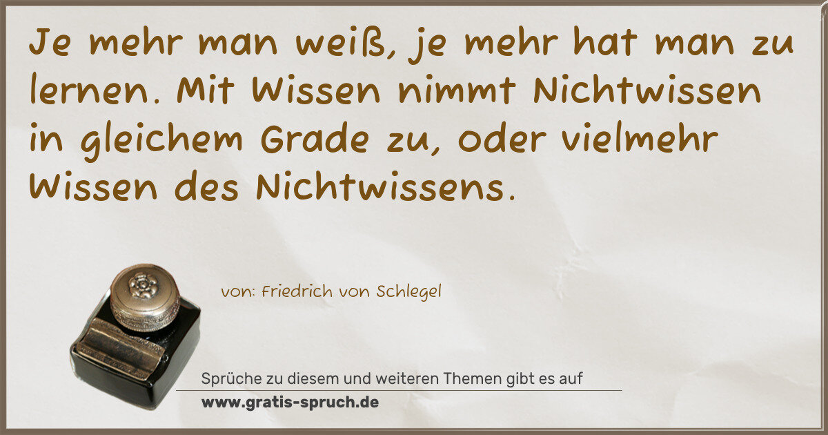 Spruchbild: Je mehr man weiß, je mehr hat man zu lernen. Mit Wissen nimmt Nichtwissen in gleichem Grad …