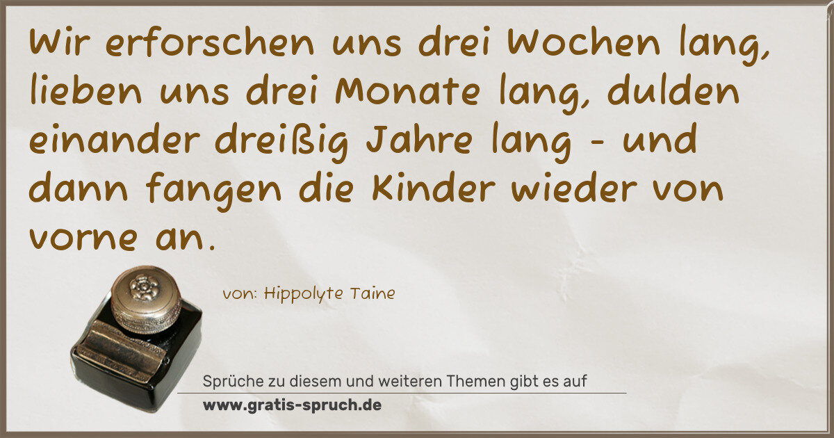 Spruchbild: Wir erforschen uns drei Wochen lang, lieben uns drei Monate lang, dulden einander dreißi …