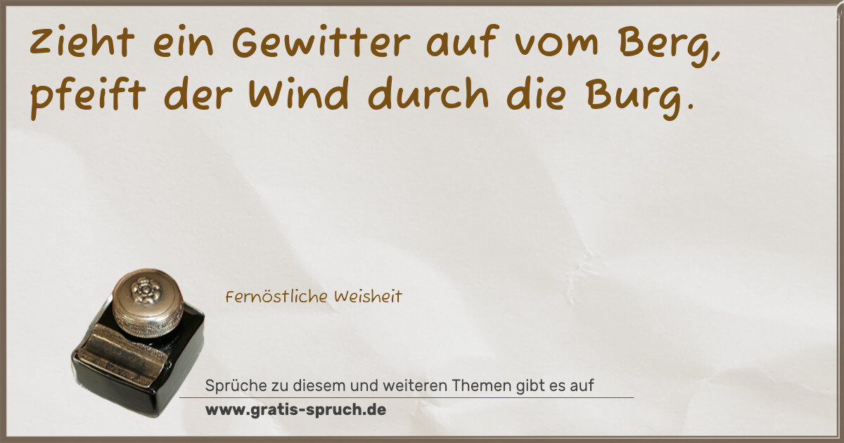 Spruchbild: Zieht ein Gewitter auf vom Berg, pfeift der Wind durch die Burg.