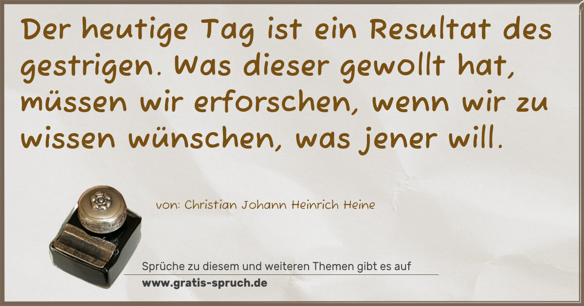 Spruchbild: Der heutige Tag ist ein Resultat des gestrigen. Was dieser gewollt hat, müssen wir erforsc …