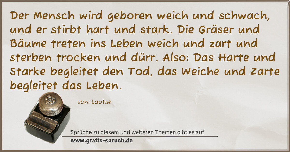 Spruchbild: Der Mensch wird geboren weich und schwach, und er stirbt hart und stark. Die Gräser und Bä …