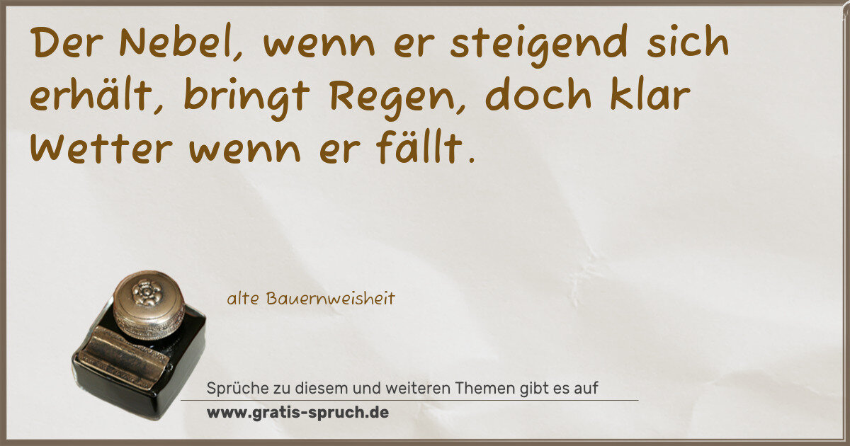 Spruchbild: Der Nebel, wenn er steigend sich erhält, bringt Regen, doch klar Wetter wenn er fällt.