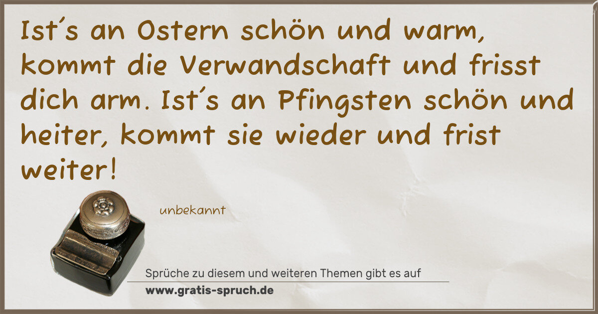 Spruchbild: Ist's an Ostern schön und warm, kommt die Verwandschaft und frisst dich arm. Ist's an Pfin …