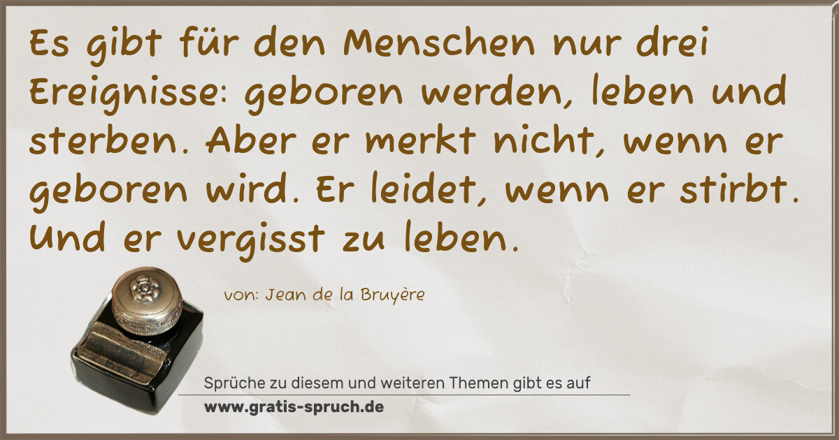 Spruchbild: Es gibt für den Menschen nur drei Ereignisse: geboren werden, leben und sterben. Aber er …