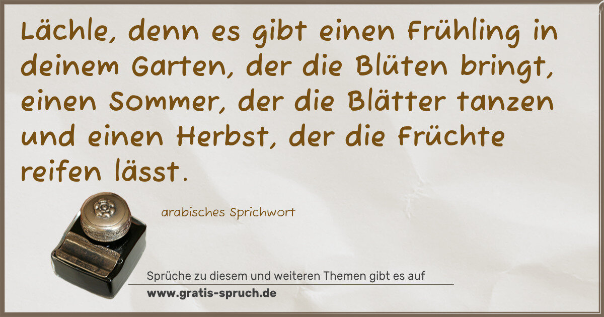 Spruchbild: Lächle, denn es gibt einen Frühling in deinem Garten, der die Blüten bringt, einen Sommer …