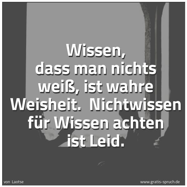 Quadratisches Spruchbild: Wissen, dass man nichts weiß, ist wahre Weisheit. Nichtwissen für Wissen achten ist Leid.
