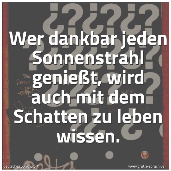 Quadratisches Spruchbild: Wer dankbar jeden Sonnenstrahl genießt, wird auch mit dem Schatten zu leben wissen.
