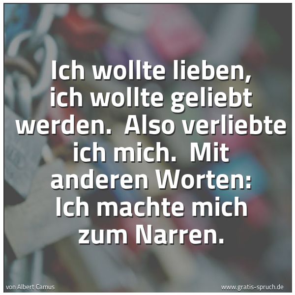 Quadratisches Spruchbild: Ich wollte lieben, ich wollte geliebt werden. Also verliebte ich mich. Mit anderen Worte …