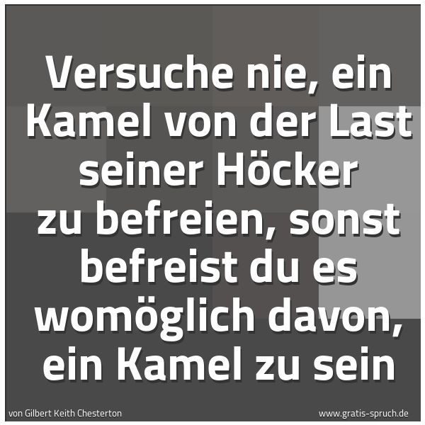 Quadratisches Spruchbild: Versuche nie, ein Kamel von der Last seiner Höcker zu befreien, sonst befreist du es womög …