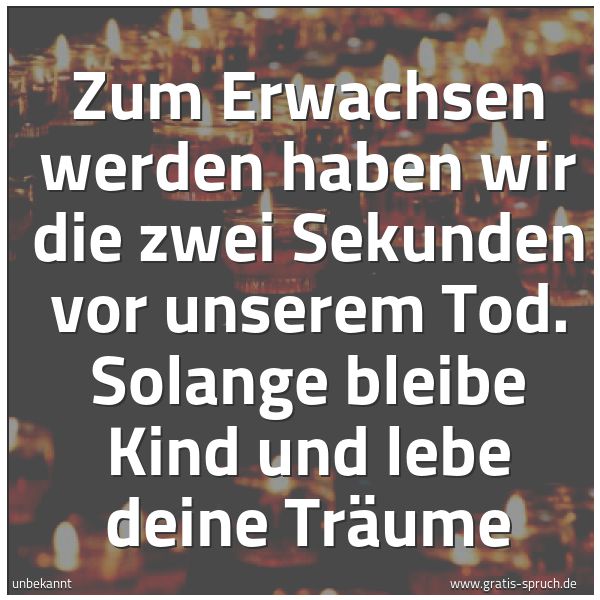 Quadratisches Spruchbild: Zum Erwachsen werden haben wir die zwei Sekunden vor unserem Tod. Solange bleibe Kind und …