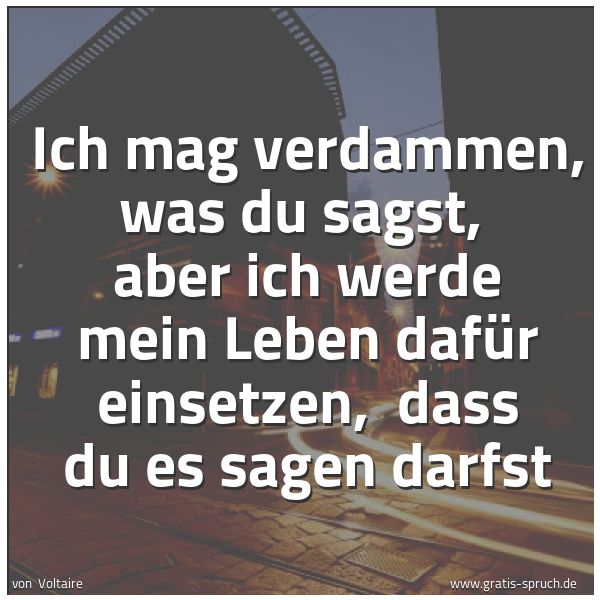 Quadratisches Spruchbild: Ich mag verdammen, was du sagst, aber ich werde mein Leben dafür einsetzen, dass du es s …