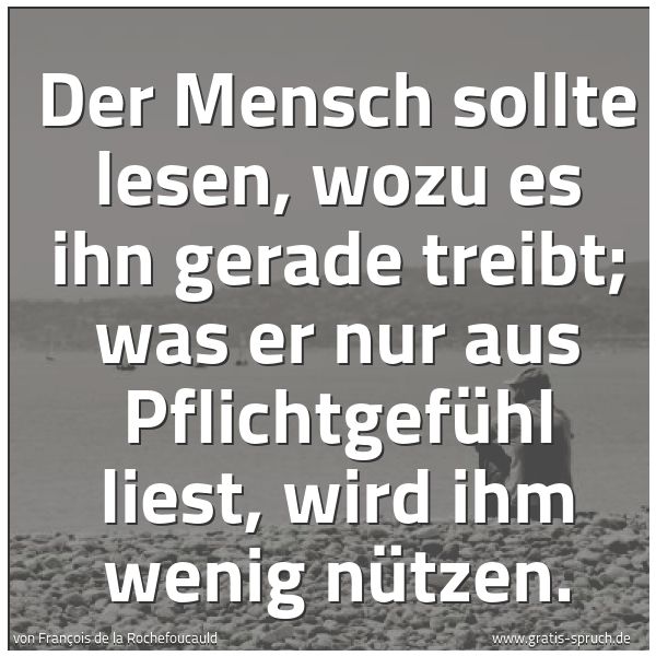 Quadratisches Spruchbild: Der Mensch sollte lesen, wozu es ihn gerade treibt; was er nur aus Pflichtgefühl liest, wi …
