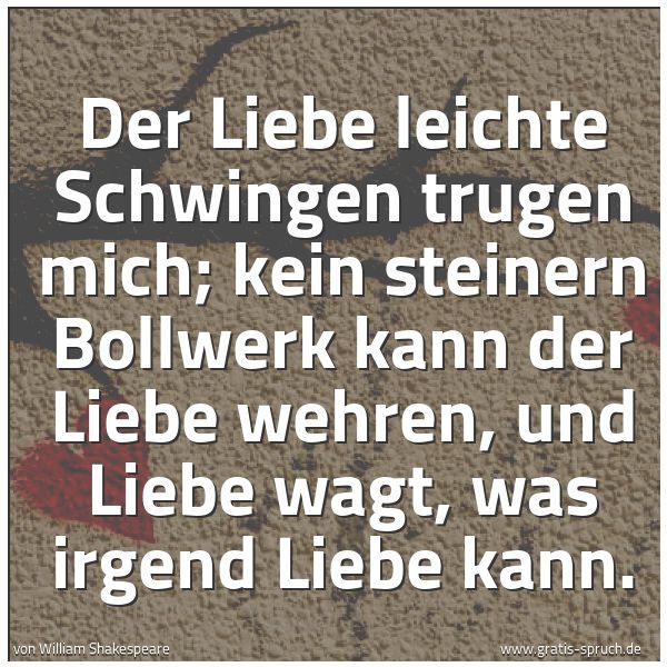 Quadratisches Spruchbild: Der Liebe leichte Schwingen trugen mich; kein steinern Bollwerk kann der Liebe wehren, und …