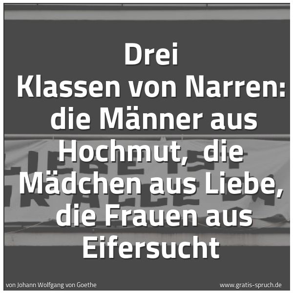 Quadratisches Spruchbild: Drei Klassen von Narren: die Männer aus Hochmut, die Mädchen aus Liebe, die Frauen aus …